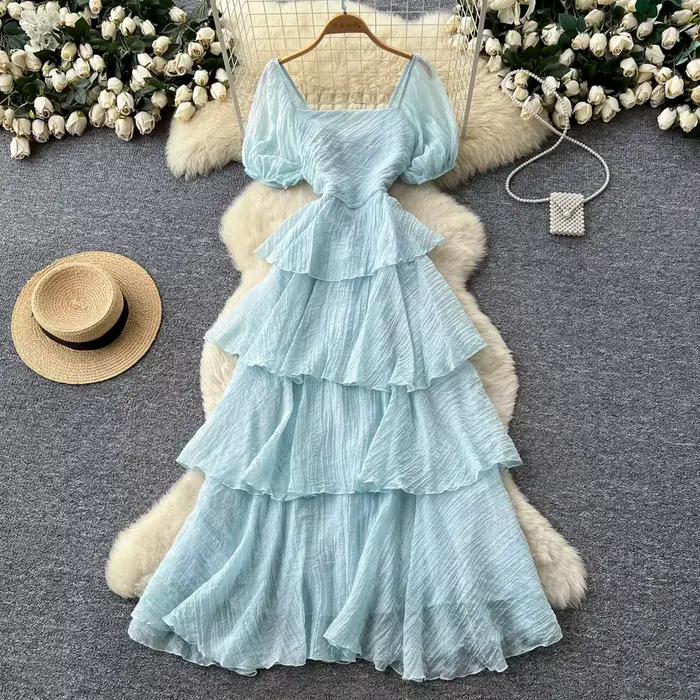 Robe longue d'été pour femme à col carré et manches bouffantes, avec taille cintrée et volants super