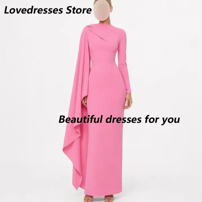Robe de soirée élégante rose pour femme, col rond, manches longues, plissée, en jersey, longueur che