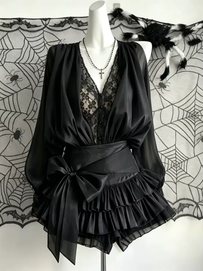 Robe élégante vintage noire en mousseline de soie à manches longues et col en V pour femme