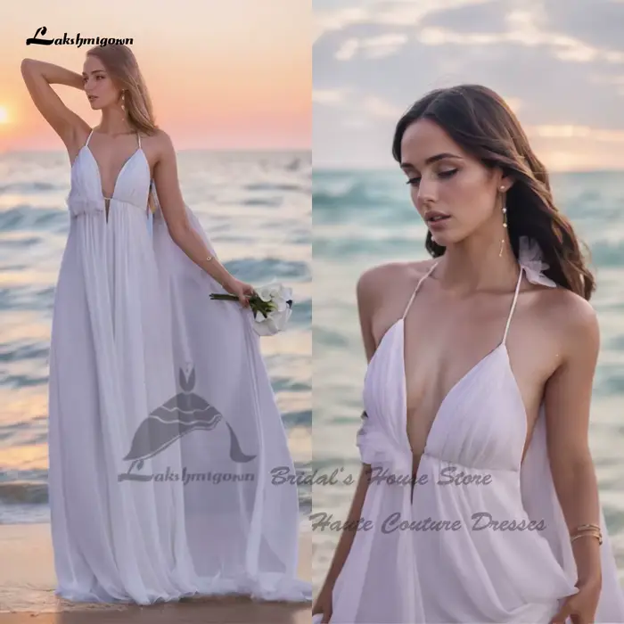 Yanshmigown-Robes de mariée en mousseline de soie bouffante, robes de plage blanches, plongeant éduc
