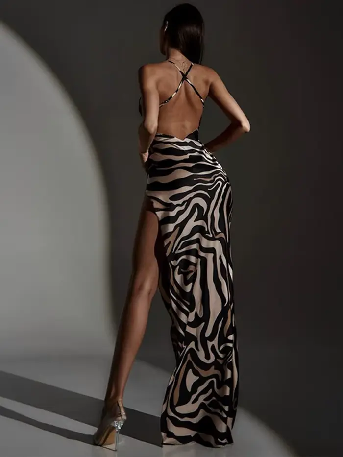 Robe longue en dentelle pour femmes, imprimé zèbre, fente latérale, patchwork, dos nu, sexy, tenues de club de fête, été 2024