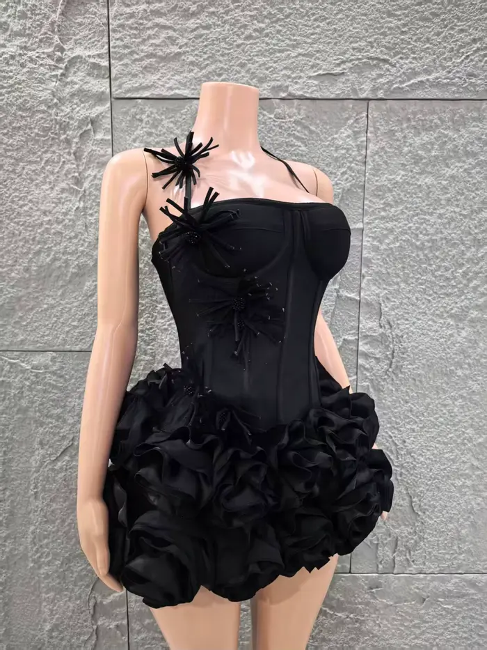2025 nouvelle couleur noire femmes Sexy bretelles fleurs 2 pièces moulante Mini robe de pansement célébrer discothèque fête Bar chanteur porter