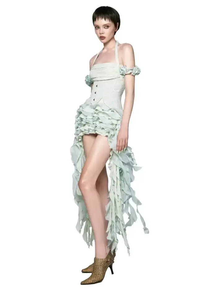Robe drapée à volants pour femmes, ensemble trois pièces, sexy, collicou, pliable, haut Corset à lacets, short, costumes de fête, Cocktail occasions spéciales soirée événement formel