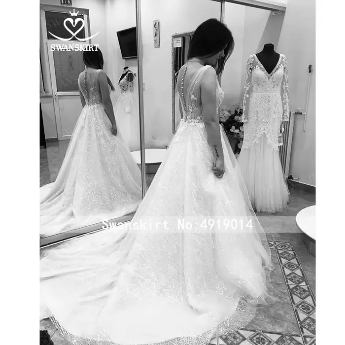 Robe de mariée SwanSarah F261 romantique à col en V, boho, appliques de perles, ligne A, fleurs 3D, personnalisable pour femmes occasions spéciales