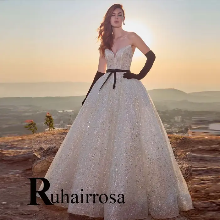 Ruhair robes de mariée à la mode pour Mariages a-ligne sans manches paillettes dos nu chérie formell