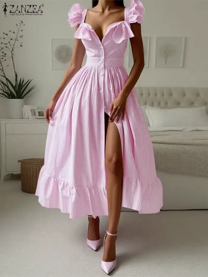 ZANZEA Vintage Swing Robe Midi 2025 été rayé