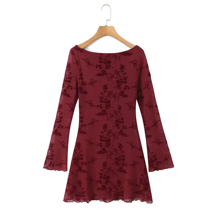 Mini robe en maille à col slash pour femme, manches évasées complètes, robe de soirée sexy, robe édu