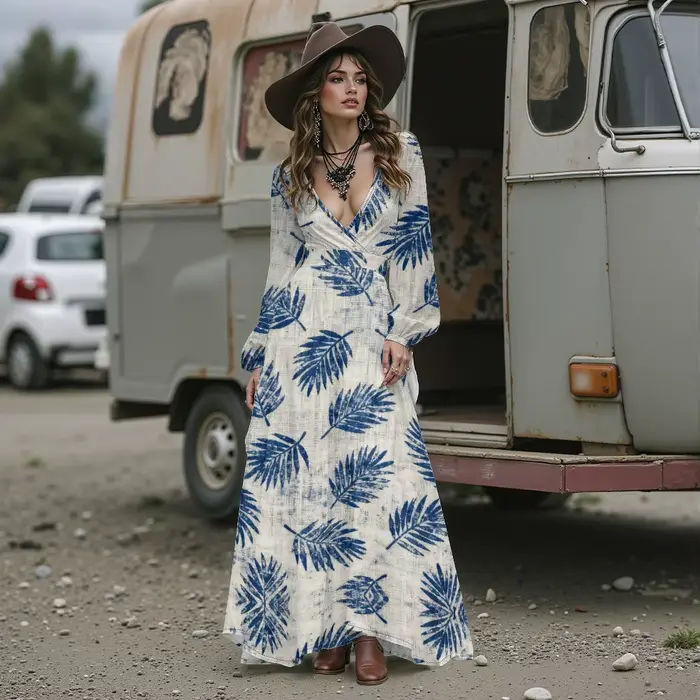 Robe longue Boho tropicale pour femmes, Sexy, décolleté en v profond, fluide, en mousseline de soie,
