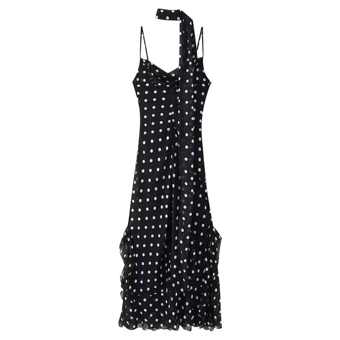 Robes pour femme : Robe à pois contrastants, dos nu, style simple, sexy, sans manches, élégante, mod
