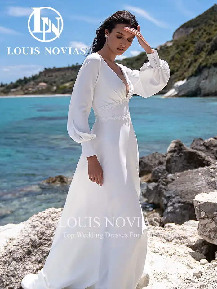 LOUIS NOVIAS robes De mariée en Satin pour femmes lanterne manches col en v Court Train a-ligne robe