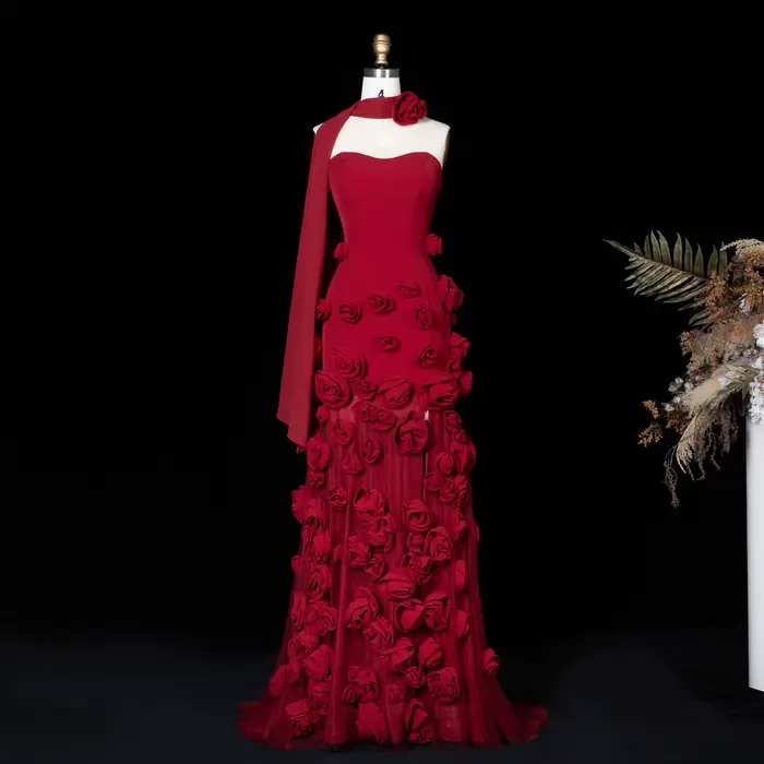 Sharon Said robe de soirée sirène rose avec fleurs 3D fente sans bretelles élégante pour les femmes