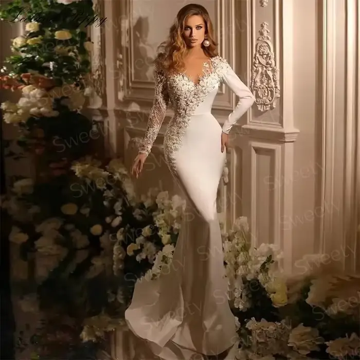 Robe De mariée sirène en Satin avec traîne détachable, gracieuse, avec broderie, manches longues, co