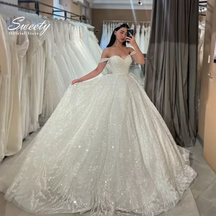 Robe de Mariée en Dentelle à Paillettes Brillantes avec Broderie, Tenue de Bal Personnalisée avec Co