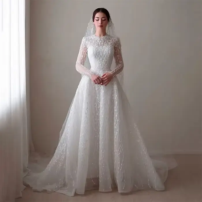 Robe De mariée à paillettes en Organza perlé avec broderie, ligne a, col haut, manches longues, robe