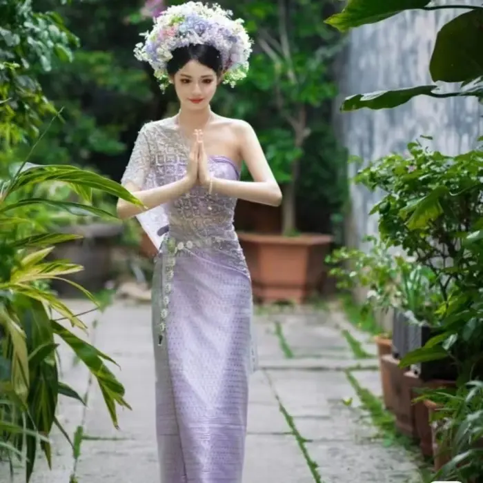 Robe de danse traditionnelle thaïlandaise vintage pour femmes, robe de photographie violette, ensemble de festival sexy pour les vacances