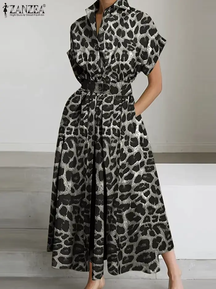 Robe léopard ZANZEA pour femme, polyester, coupe moderne, col rabattu, motifs léopard, occasion bureau et soirée