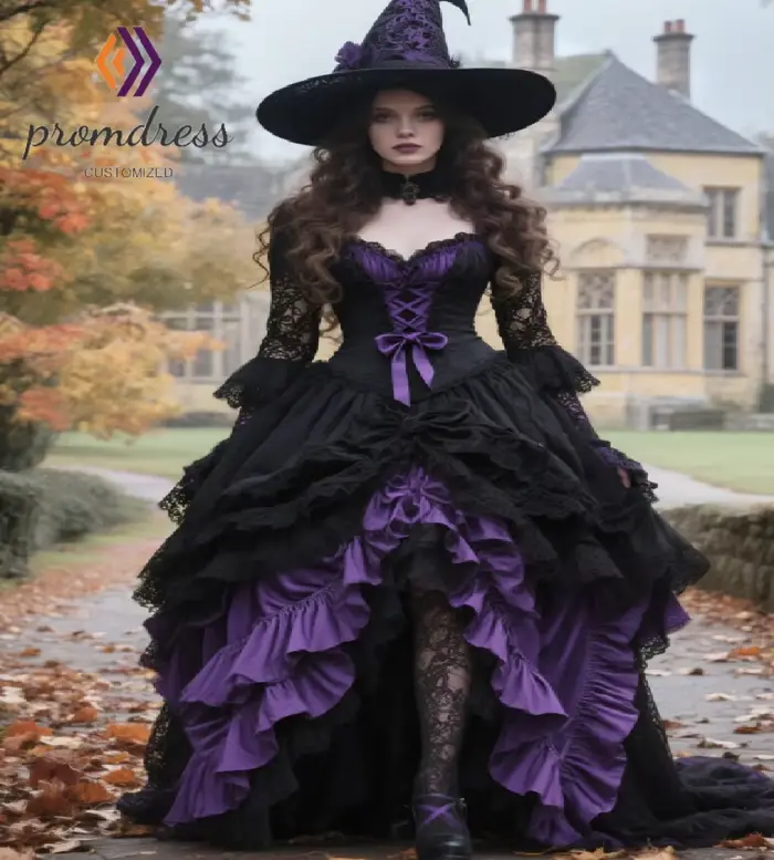 Robe de mariée gothique violette et noire 2026, style victorien médiéval, en dentelle, à manches lon