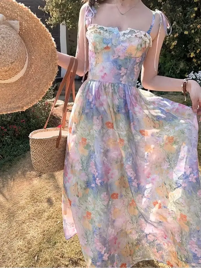 Robe Miss Tough à bretelles florales pour femmes, style vintage moderne, confortable, soirée estivale, mariage, cérémonie