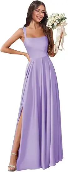 Robes de Demoiselle d'Honneur Rose Poudré Coupe A-line Bretelles Carrées Fente Latérale Corset