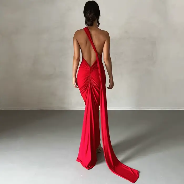 Robe longue de soirée élégante pour femmes, Sexy, dos nu, dos ouvert, froncée, Slim, moulante, forme