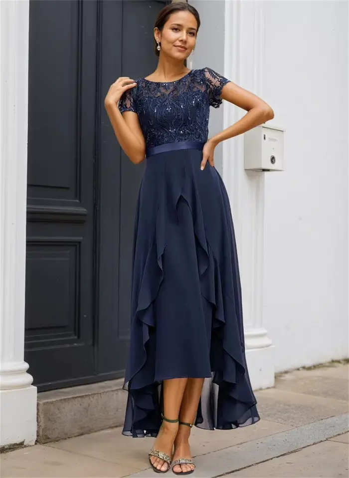 Robes de Soirée Courtes en Chiffon Noir pour Mère de la Mariée, Manches Courtes, pour Femme, Été 2026, Nouveauté, Robe de Plage SEM0010
