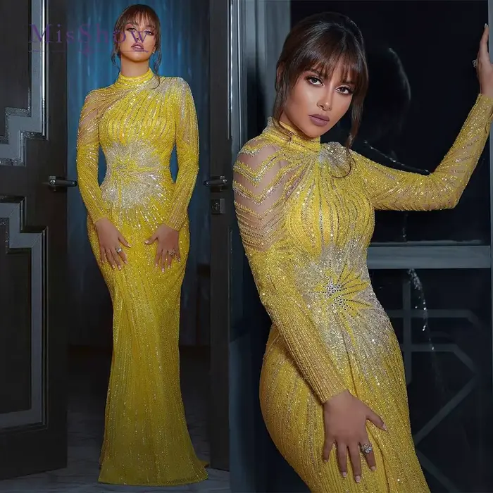 Robe de soirée MisShow jaune sirène perlée pour femmes occasions formelles奢华晚礼服米秀黄色珍珠女士正式场合晚礼服