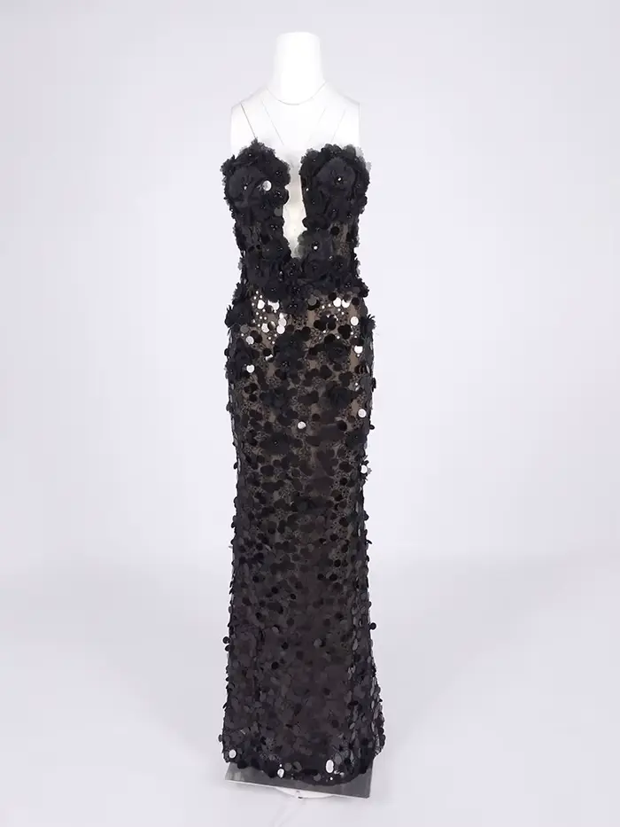 Robes de soirée noires à paillettes florales – Conception sans bretelles avec détail en dentelle transparente Robe longue ajourée Vestidos Largos