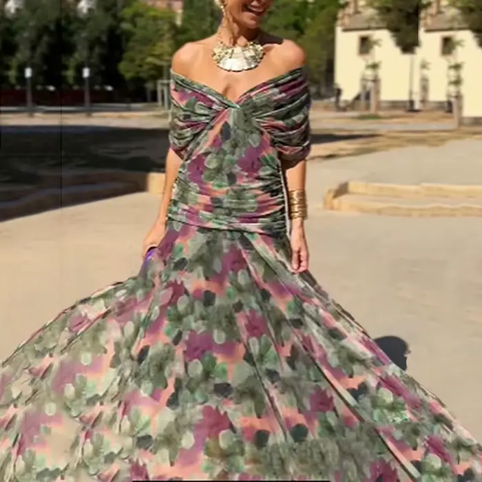 Robe de soirée longue en maille plissée pour femmes