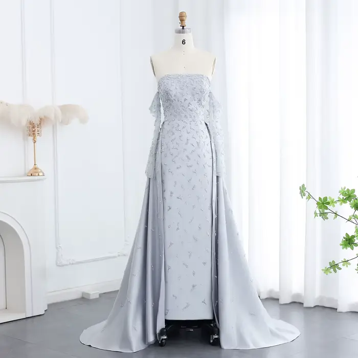 Robe de soirée de luxe Sharon Said gris argenté avec manches et jupes superposées pour femme, idéale