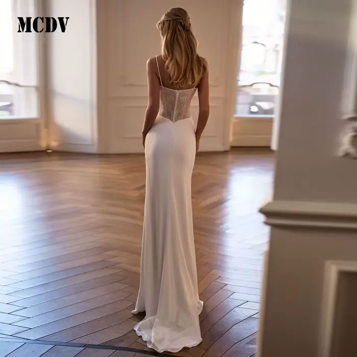 Robe de mariée personnalisée MCDV en mousseline avec décolleté Mon Amour, appliques et dentelle pour cérémonies civiles et religieuses