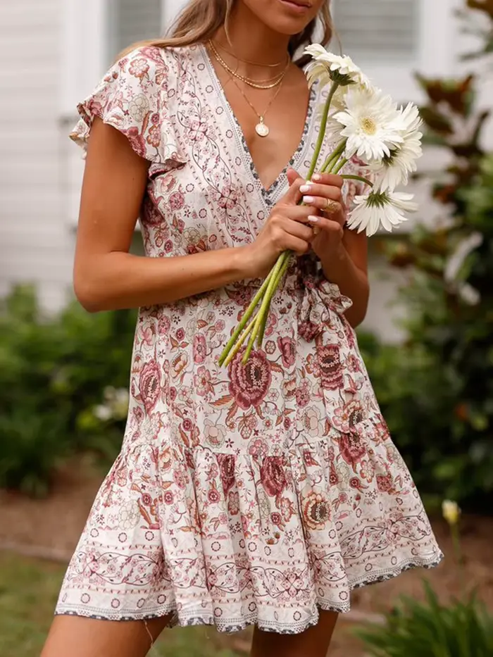 Mini robe bohème à col en V pour femmes
