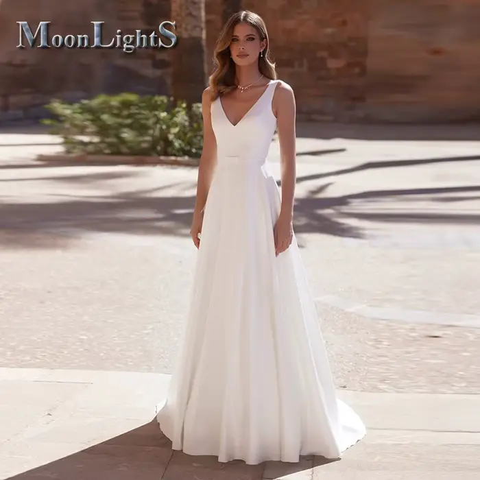 Moonlight – robe De mariée élégante en Satin, col en v, ligne a, fermeture éclair, sans manches, cei