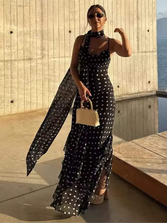 Robe à pois contrastants dos nu élégante sexy pour femmes occasions printemps été