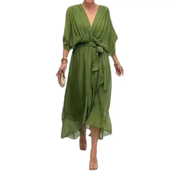 Robe en mousseline de soie asymétrique avec col en V et manches chauve-souris pour femmes, élégante et à la mode pour printemps et été