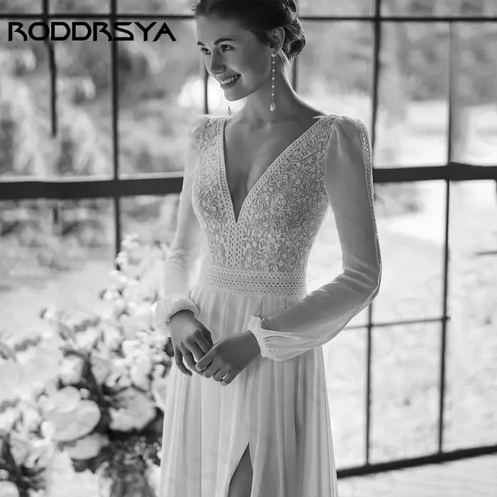 Robe de Mariée Bohème en Mousseline de Soie pour Femme Tenue Éducative Manches sulf Dentelle Appliques Ligne A