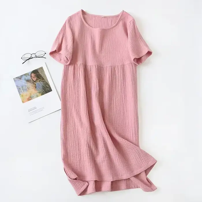 Robe d'été vintage originale 100 % coton gaze, col rond uni, courte ou longue, basique, pour femme, 