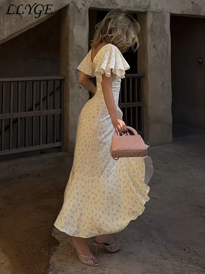Robe longue élégante imprimée à volants pour femme