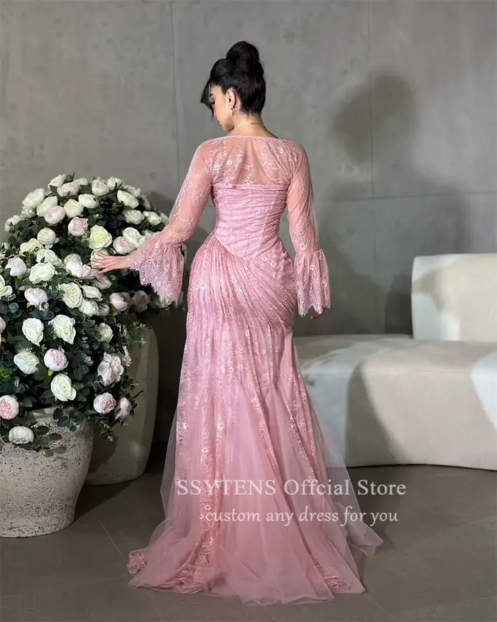 SSYTENS saoudien luxe rose robes de soirée sirène pleine dentelle robes de bal de mariage Formais Elegantes dubaï robe de soirée personnalisée