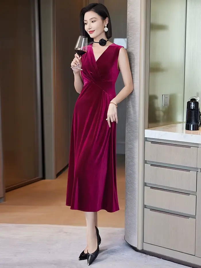 Robe en velours doré à la mode col en V sans manches pour femmes printemps automne soirée mariage occasionnels