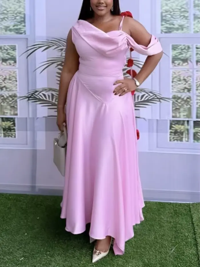 Robe rose sexy pour femmes col diagonale asymétrique épaule dénudée sans manches ligne A taille haute été soirée club festival mariage