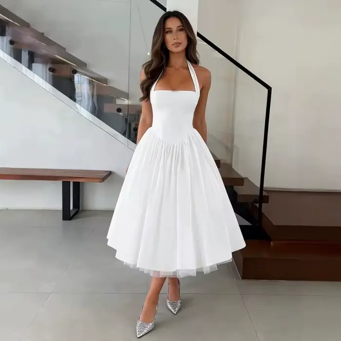Élégante Robe Midi Blanche Française pour Invitée de Mariage Femme, Col Halter, Corset, Robe de Cocktail pour Douche Nuptiale, Robe en Tulle à Nœud au Dos, Coupe Évasée