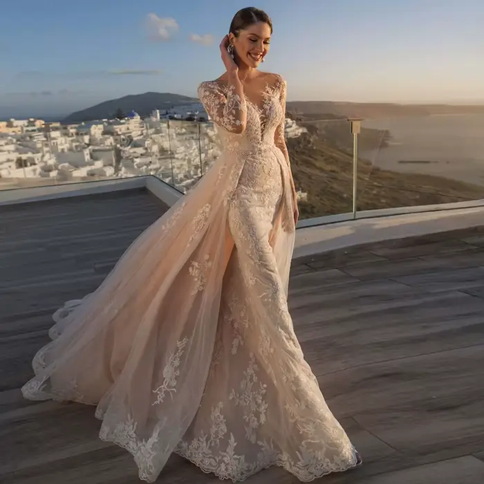 Magnifique robe De mariée détachable 2 en 1, dentelle brodée sur filet avec traîne, col rond, manche