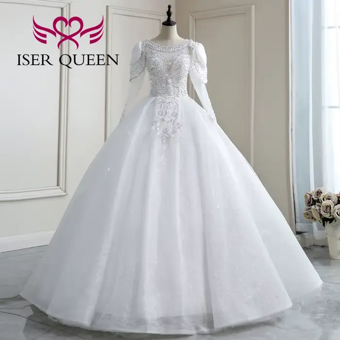 Robe De mariée en Tulle brillant, col bateau, qualité personnalisée, mode européenne, manches longue
