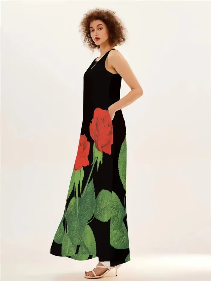 Robe imprimée rose rouge décontractée pour femmes, été, sans manches, col en V, avec poches, idéale pour la plage et les soirées, disponible en plusieurs tailles et couleurs