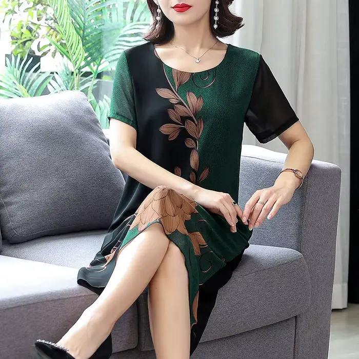 Robe en mousseline de soie imprimée à manches courtes pour femmes, vêtements féminins, midi, vintage