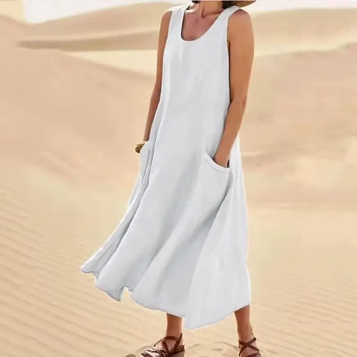 Robe élégante sans manches en coton et lin pour femmes, grande taille, couleur unie, robe mi-longue,