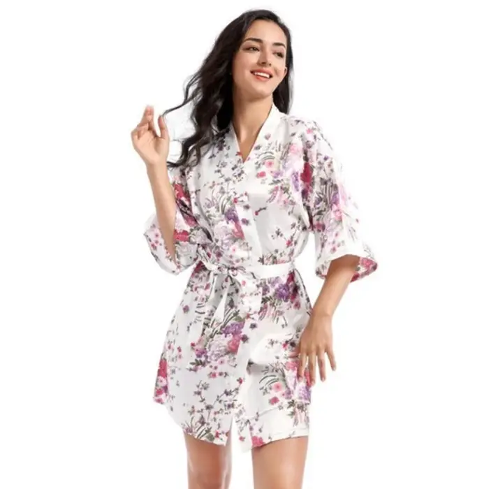 Jonquille-Robe Kimono à Fleurs en Satin Soyeux pour Femme