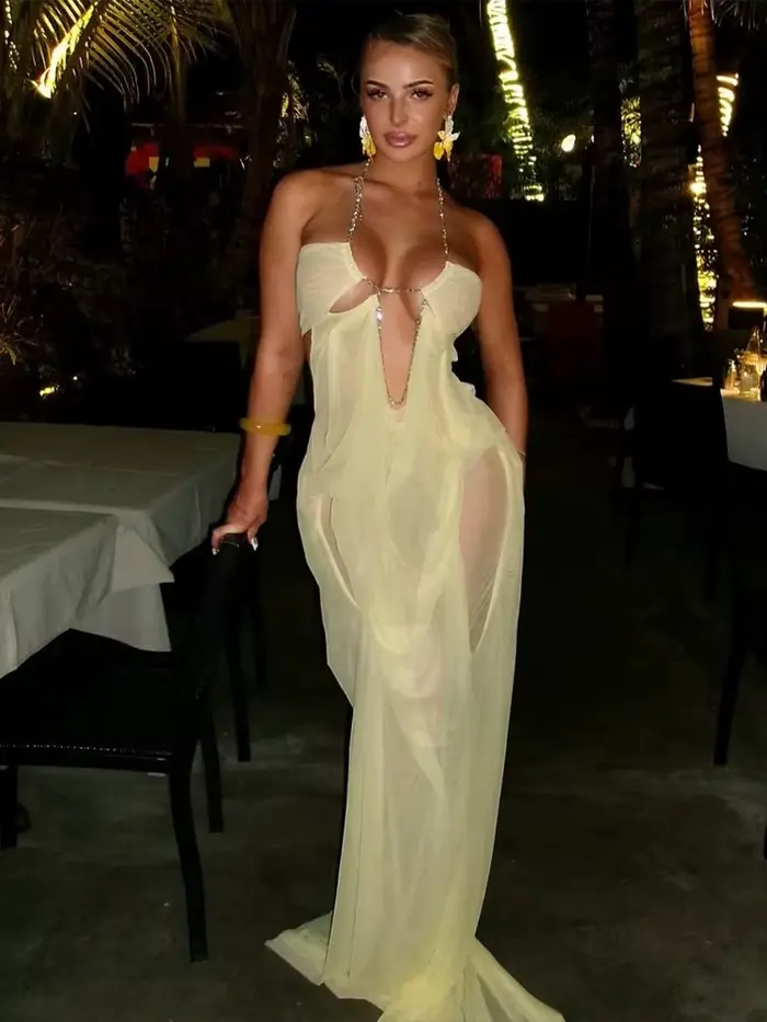 Nibber Bal Robe De Soirée Femme Sexy Voir À Travers De Luxe Chaîne Halter Col Bas Dos Nu Sans Manches Minuit Élégant