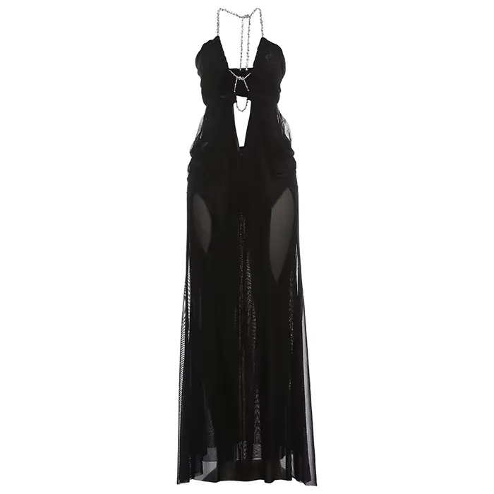 Nibber Bal Robe De Soirée Femme Sexy Voir À Travers De Luxe Chaîne Halter Col Bas Dos Nu Sans Manche