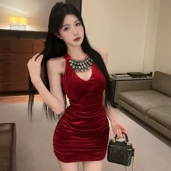 Robe en velours sexy col licou mini pour femmes occasions spéciales automne hiver vintage mode coréenne